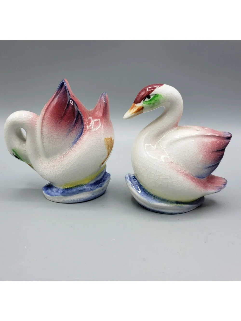 Vintage Japan Swan Salt and Pepper Shakers Ceramic Pink Blue White Birds